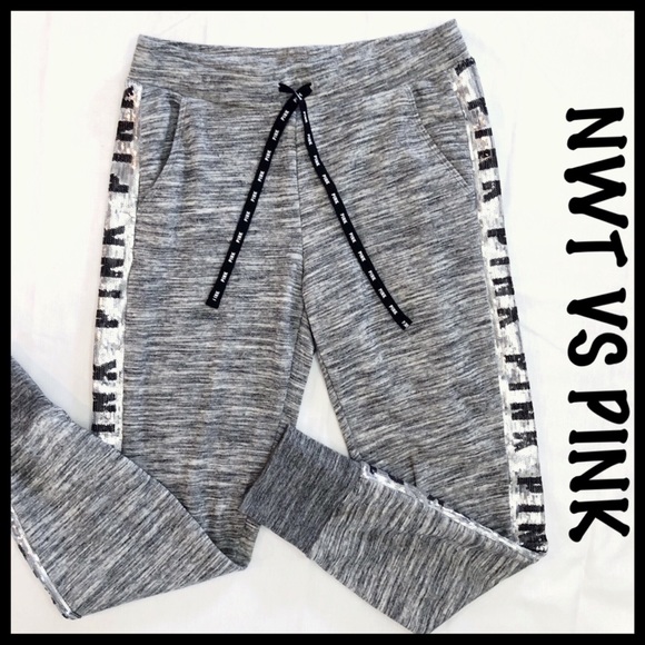 NWT VS PINK Bling Skinny Joggers Sequin Logo Leg - Picture 2 of 8